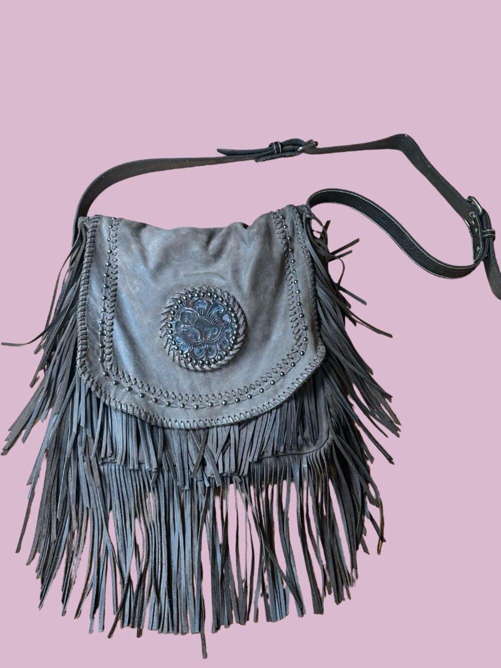 Juan Antonio Hand Tooled Leather Fringe Large Crossbody Bag Brown Boho Western
